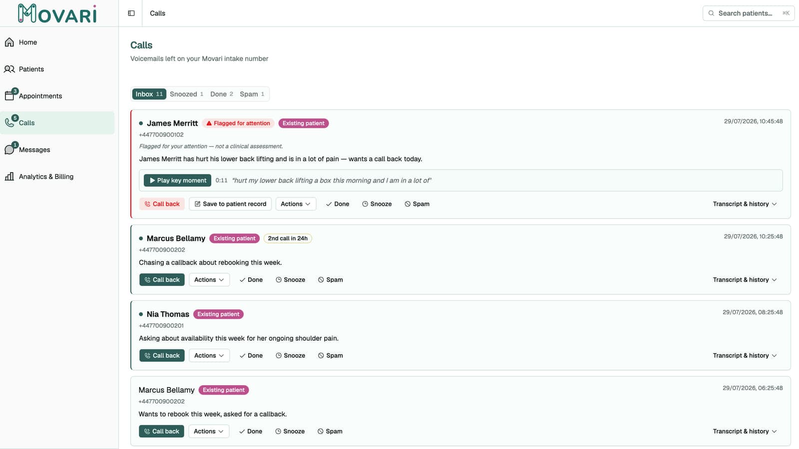 The call inbox in Movari showing transcribed voicemails awaiting triage