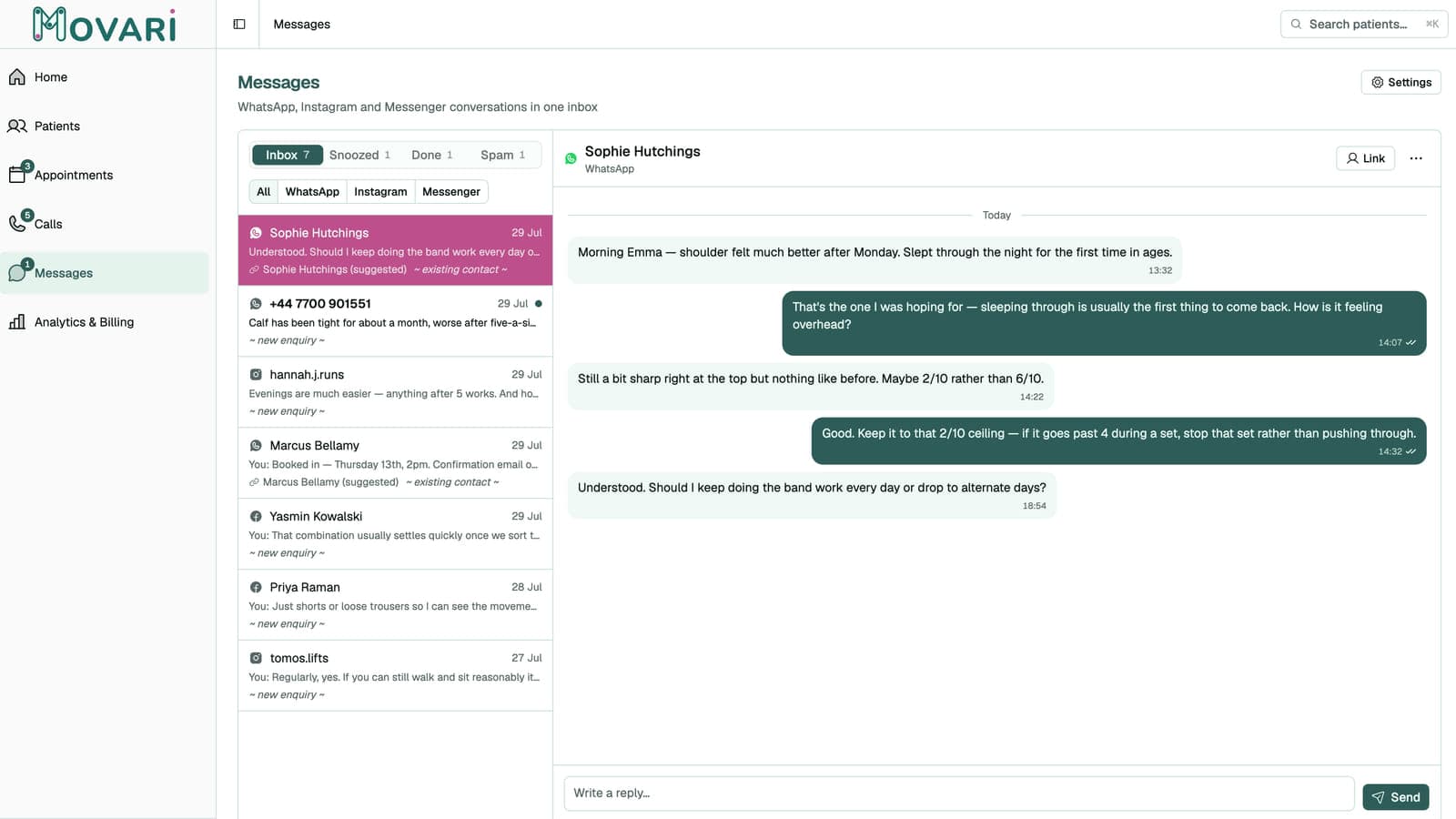 The unified patient messaging inbox in Movari