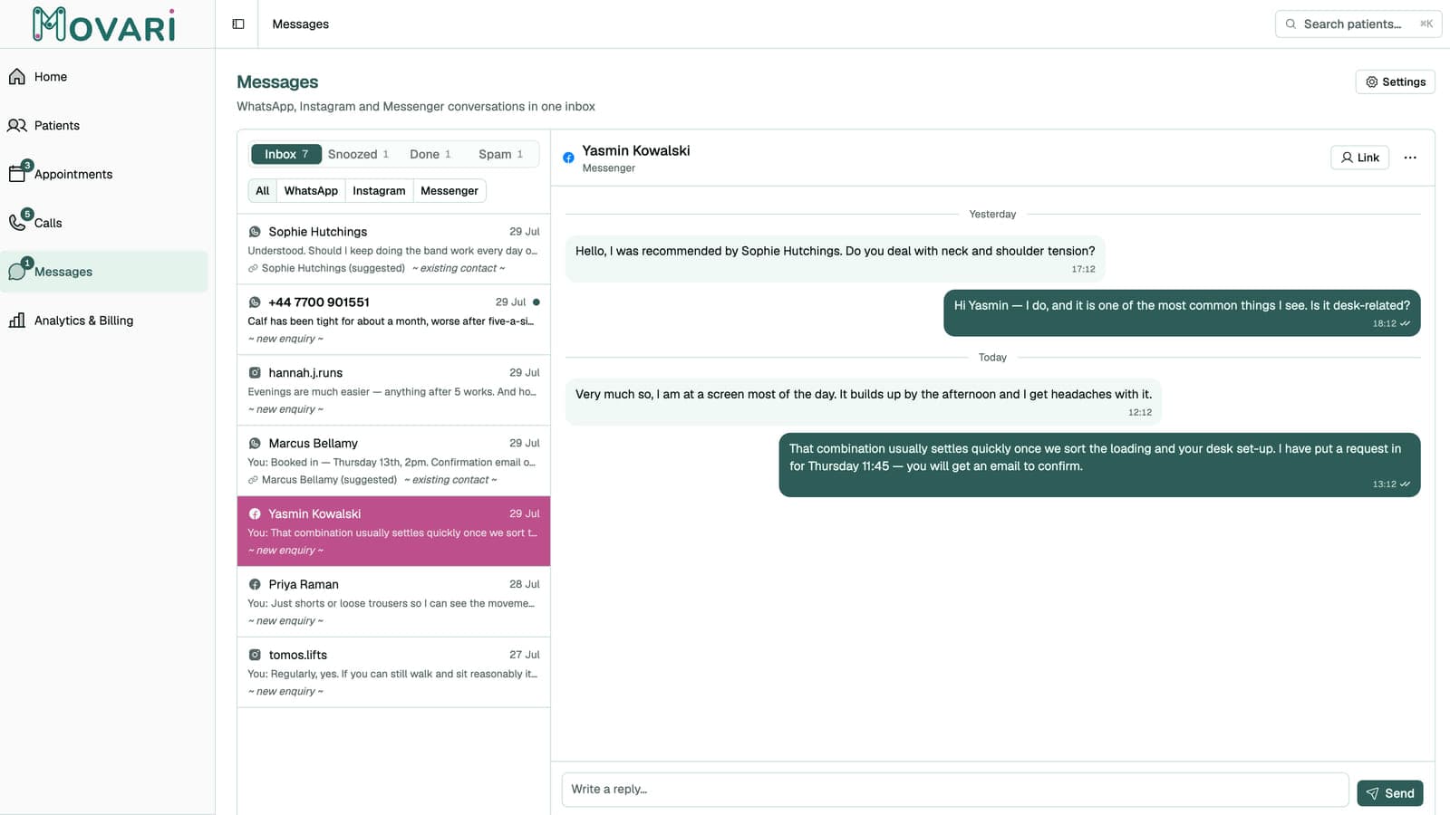 A Facebook Messenger conversation in the Movari messaging inbox